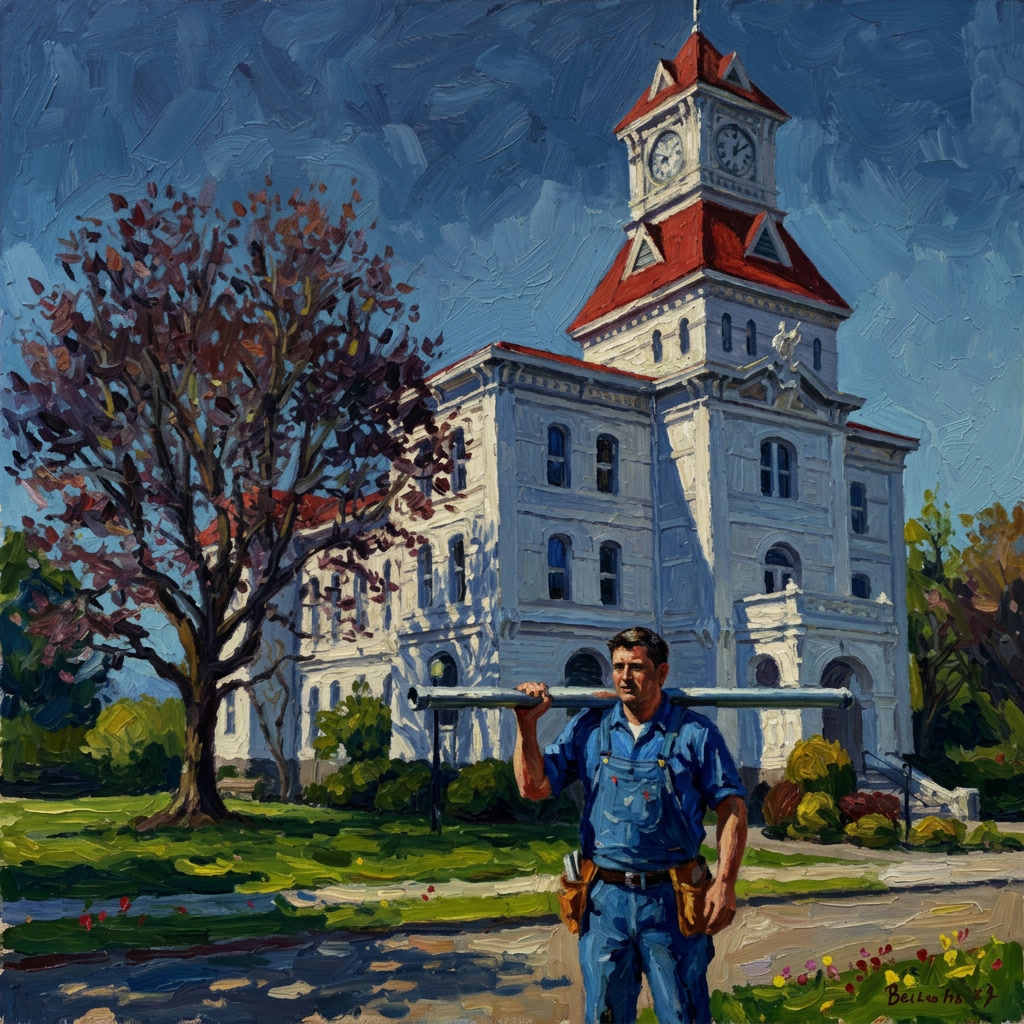 Plumber carrying a pipe in front of the Benton County Courthouse in Corvallis, Oregon