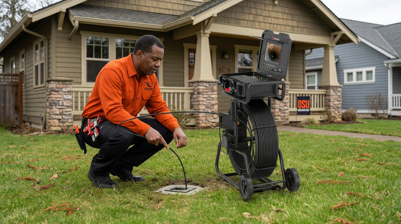 Plumber running a sewer camera inspection at a Corvallis, Oregon home