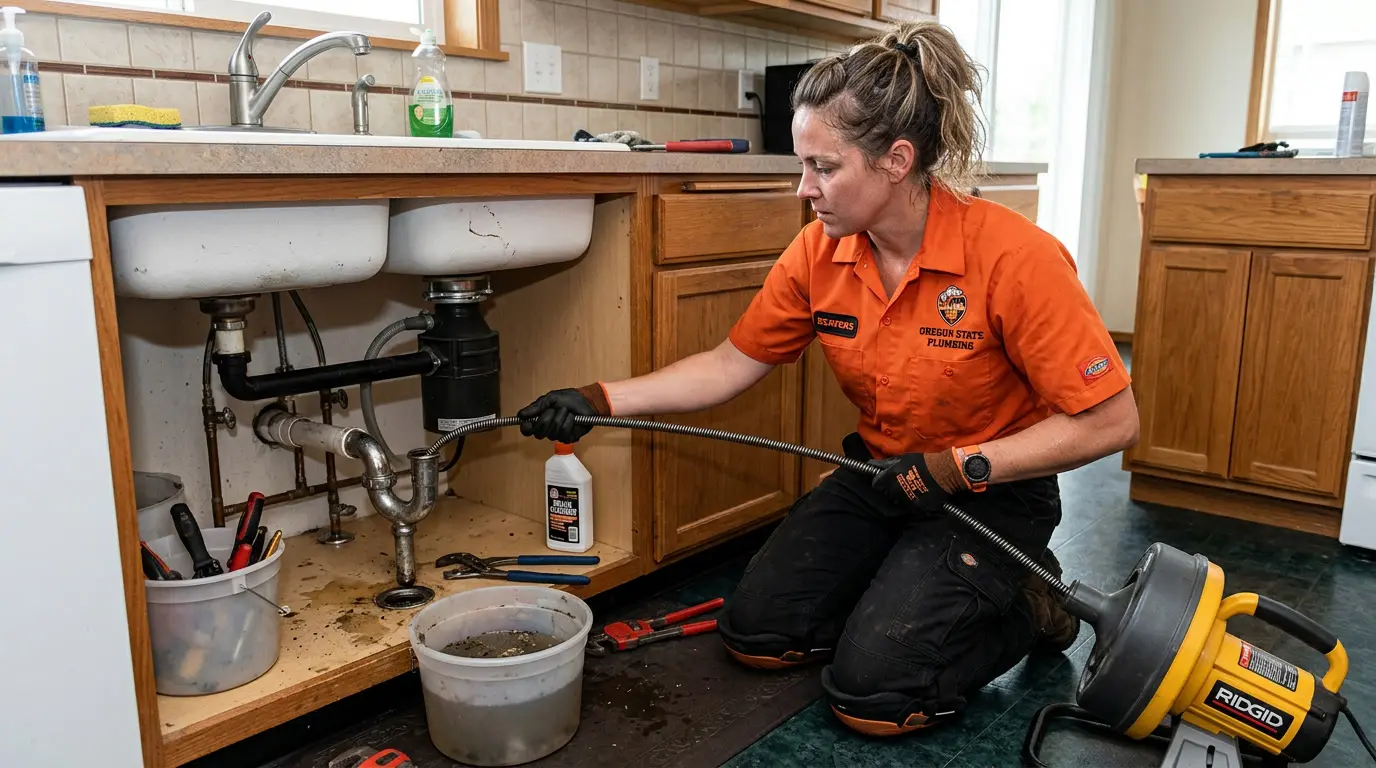 Plumber in Oregon State orange using a drain snake under a kitchen sink in Corvallis, Oregon
