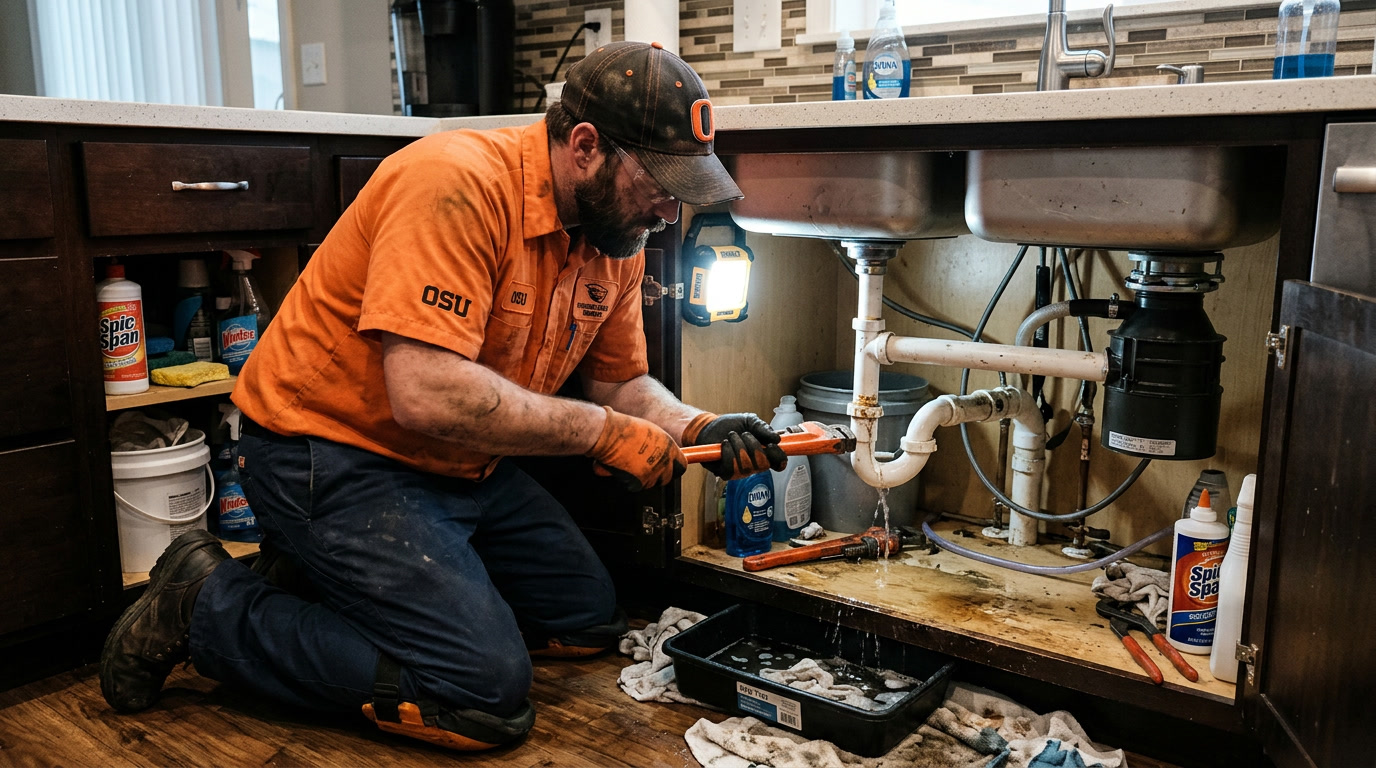 Plumber in OSU orange responding to a plumbing emergency in Corvallis, Oregon
