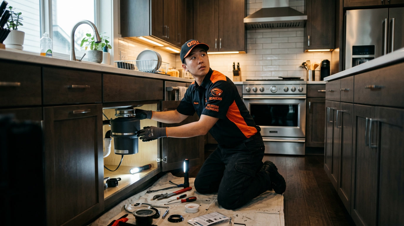 Plumber in Oregon State orange repairing a garbage disposal under a kitchen sink in Corvallis, Oregon