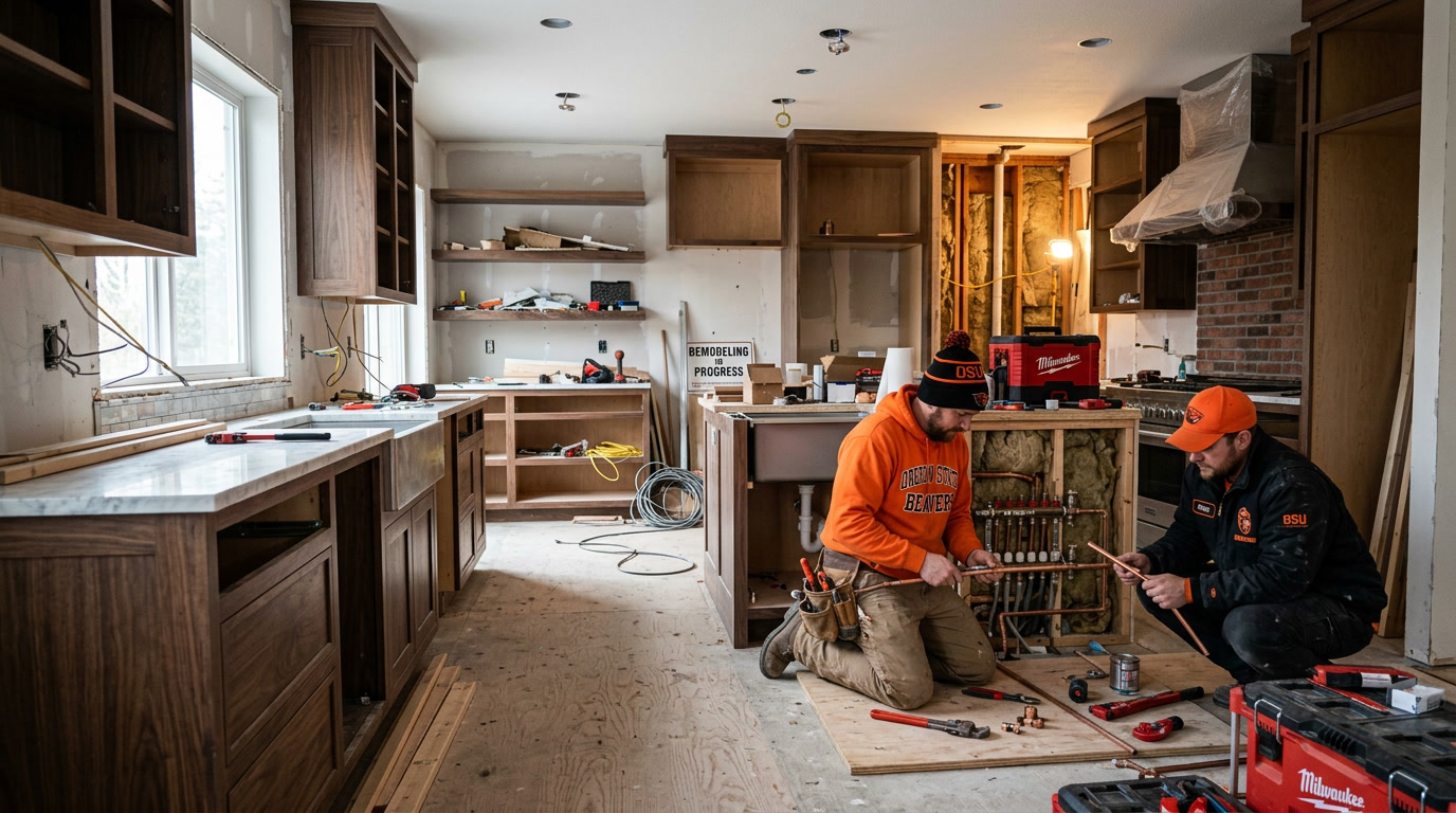 Plumbers in Oregon State orange roughing in plumbing during a kitchen remodel in Corvallis, Oregon