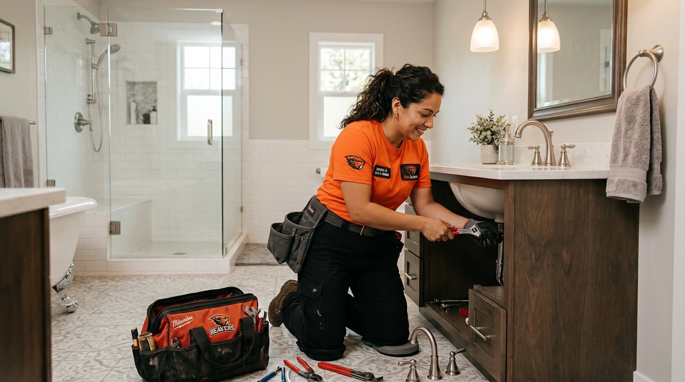 Plumber in Oregon State orange installing a faucet under a bathroom vanity in Corvallis, Oregon
