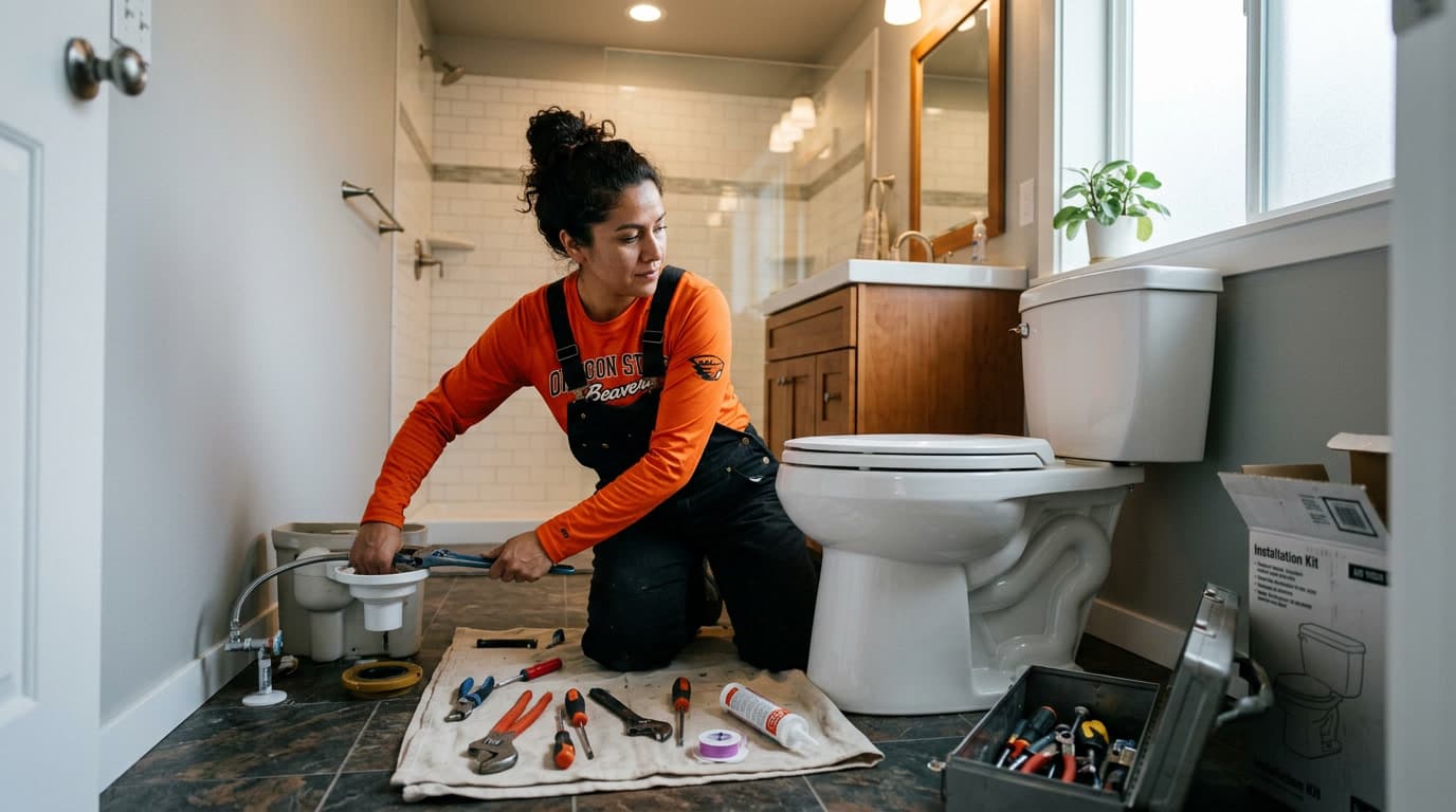 Plumber in Oregon State orange installing a toilet in a Corvallis, Oregon bathroom