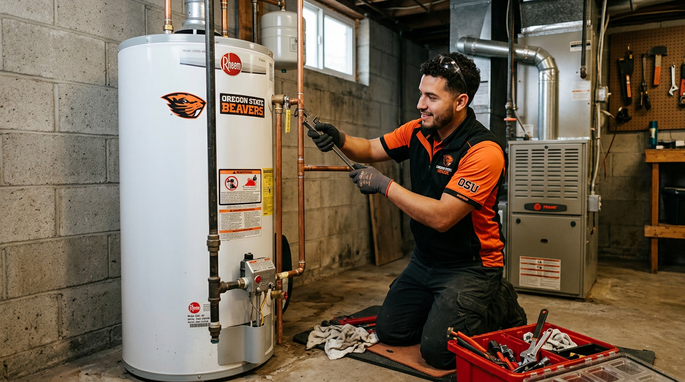 Plumber servicing a water heater in Corvallis, Oregon