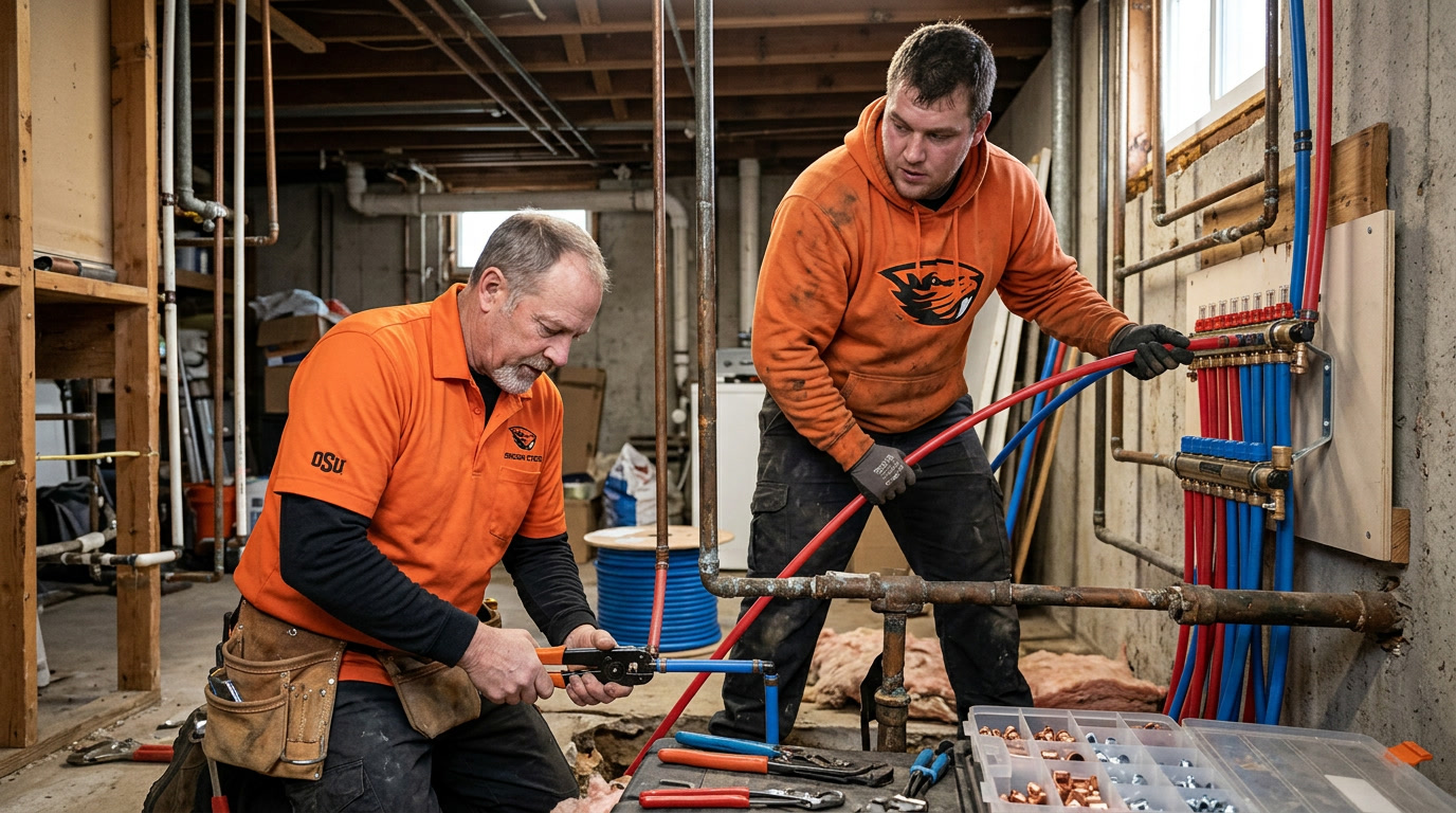 Plumbers in Oregon State orange repiping a Corvallis, Oregon home with PEX