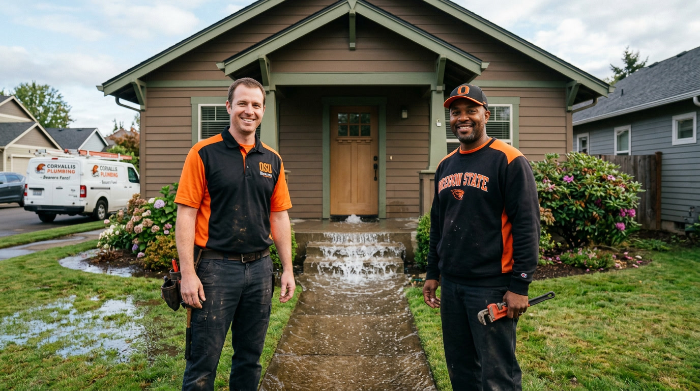 Two Corvallis Plumbers network pros in OSU orange and black standing in front of a Craftsman home with a flooded walkway
