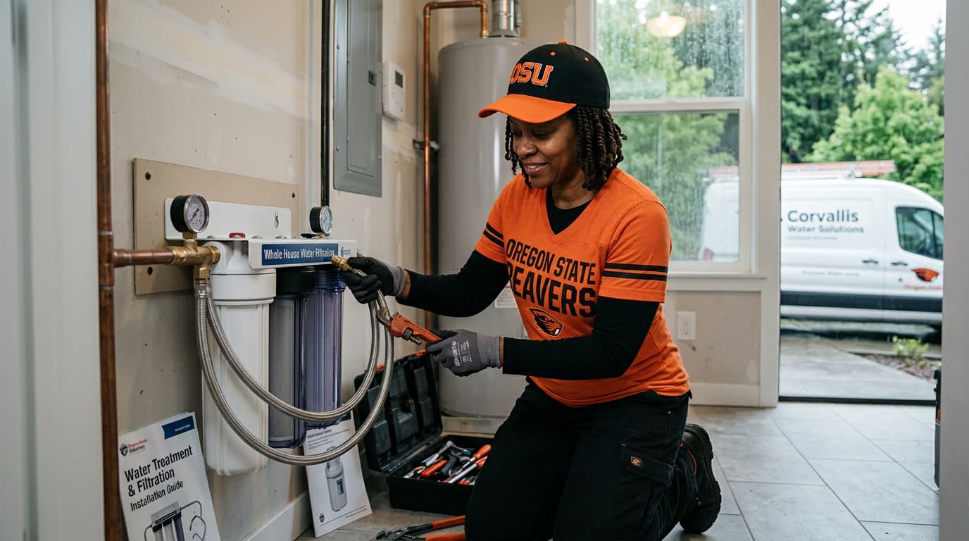 Plumber in Oregon State orange installing a whole-house water filtration system in Corvallis, Oregon
