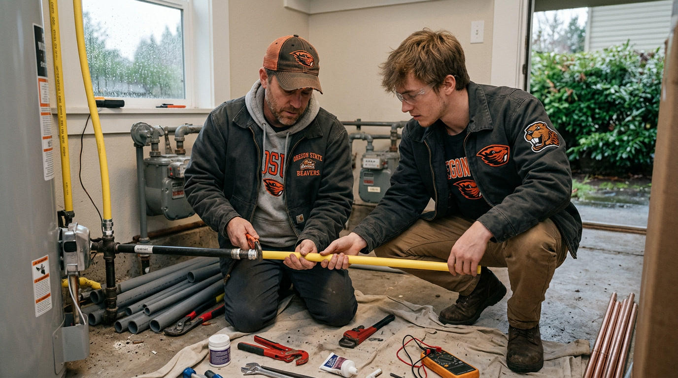 Two plumbers in Oregon State orange installing a yellow gas line at the meter in Corvallis, Oregon