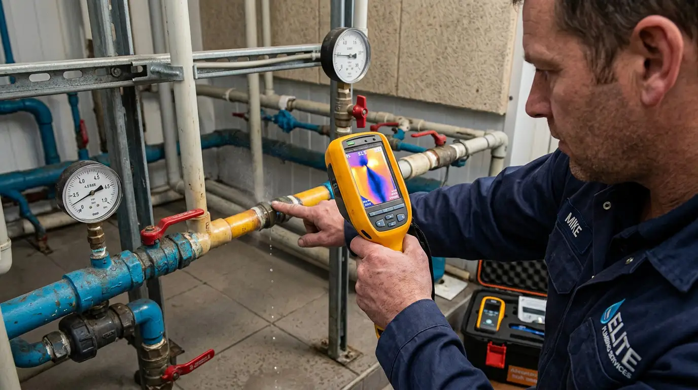 Plumber using a thermal leak-detection camera on water pipes in Corvallis, Oregon