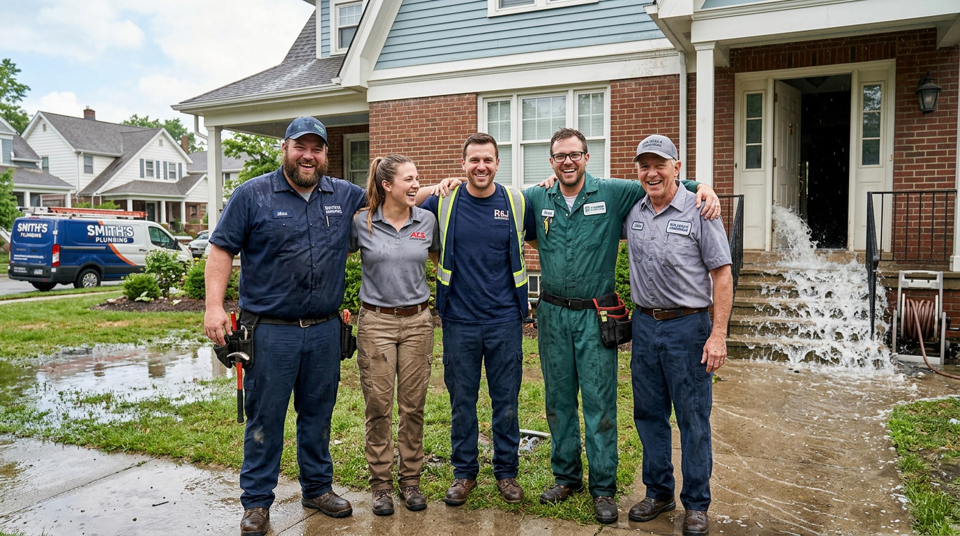 A team of five local Corvallis plumbers in work uniforms smiling together in front of a home