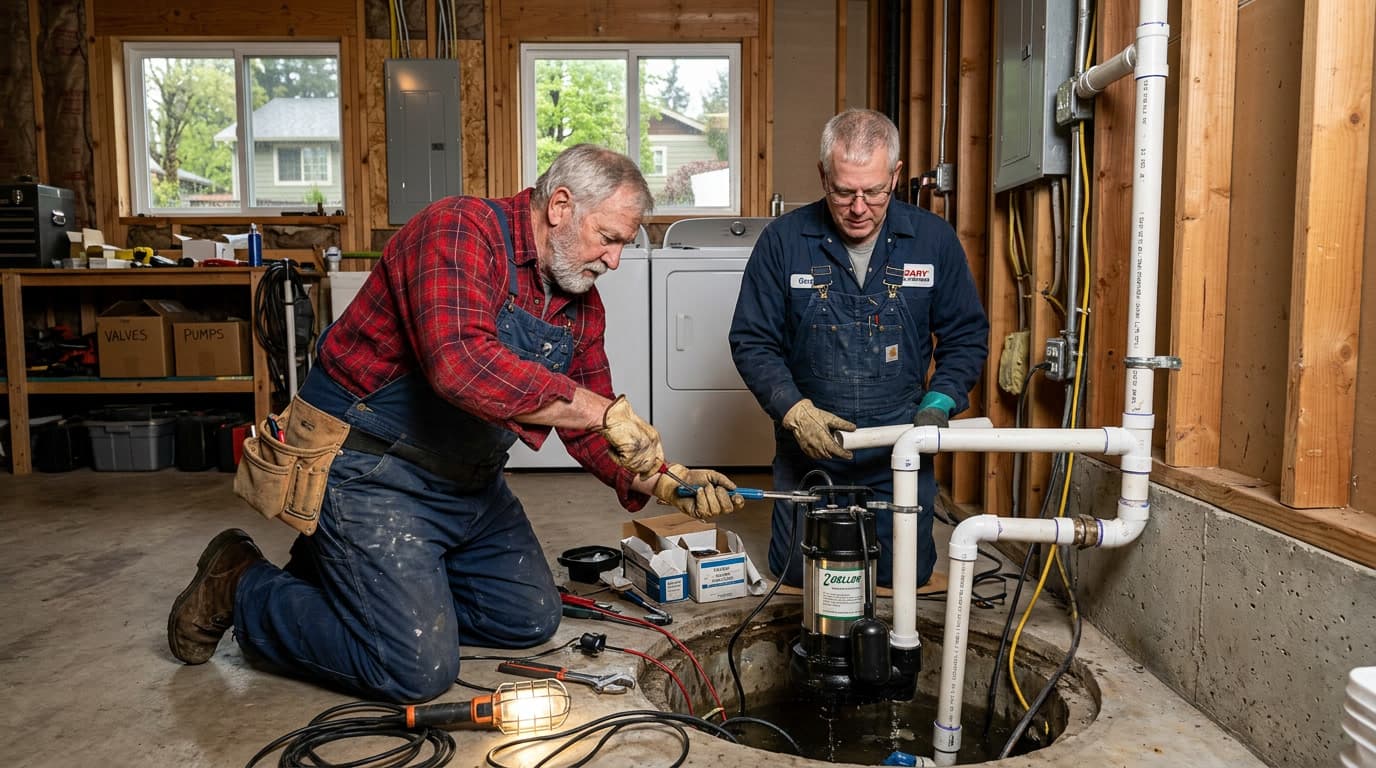 Two plumbers installing a sump pump in a basement basin in Corvallis, Oregon